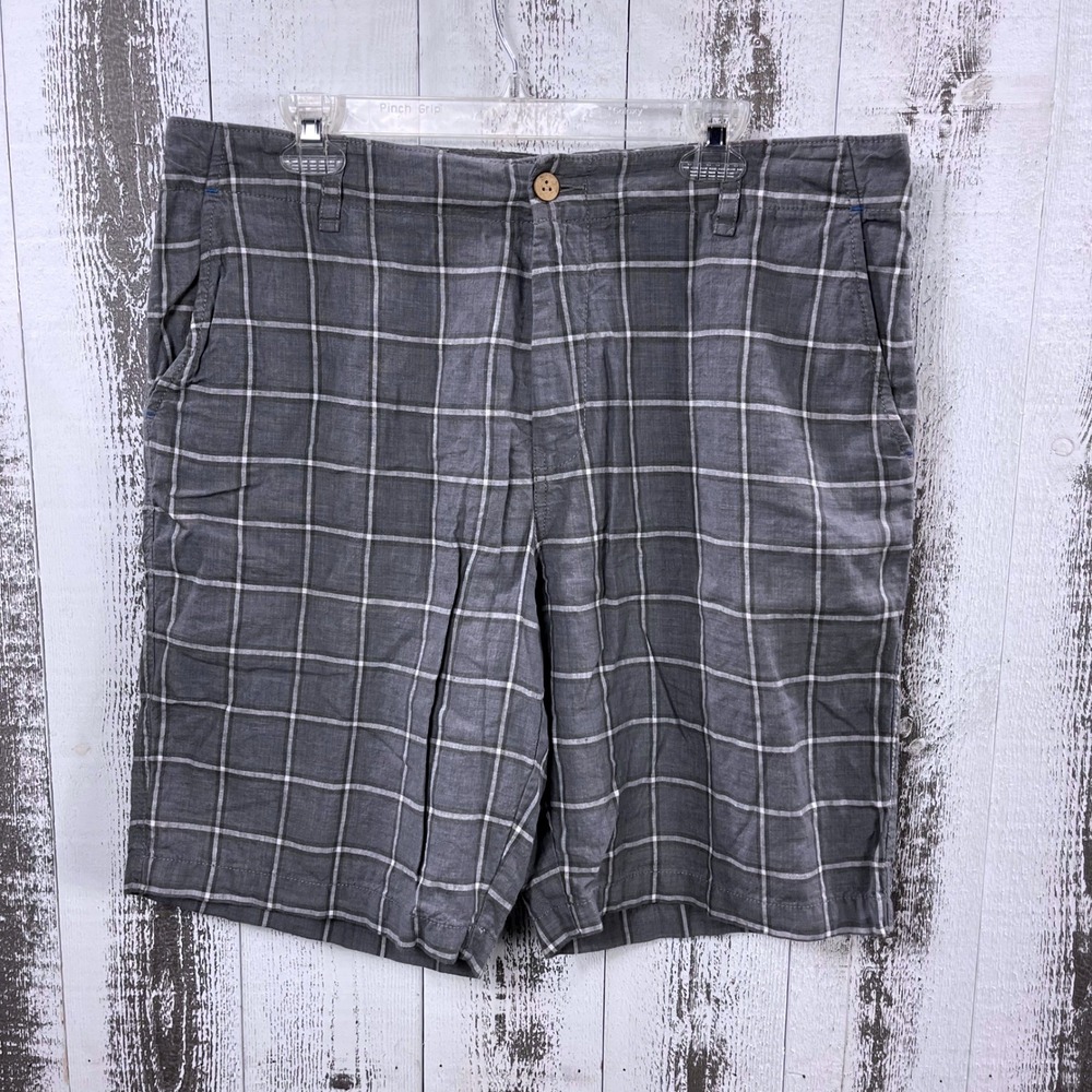Tommy Bahama Relax 100% Linen Plaid Chino Shorts Gray 34 Tropical Casual Mens